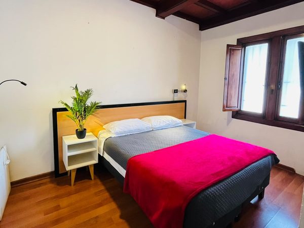 Habitación privada con cama de matrimonio, mesilla, planta y ventana de madera